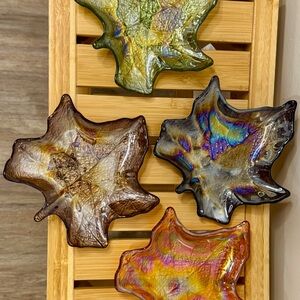Maple Leaf-Shaped iridescent purple, orange, green glass candy or trinket dishes